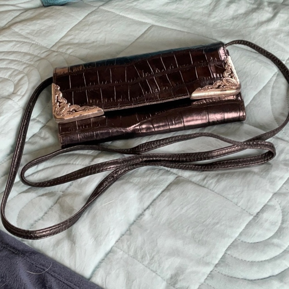Elegant Black Brighton Crocodile-Embossed Clutch with removable strap
